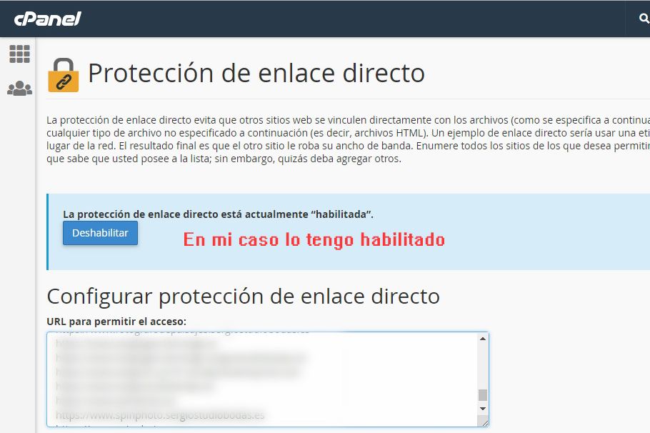 proteccion de enlace directo cpanel
