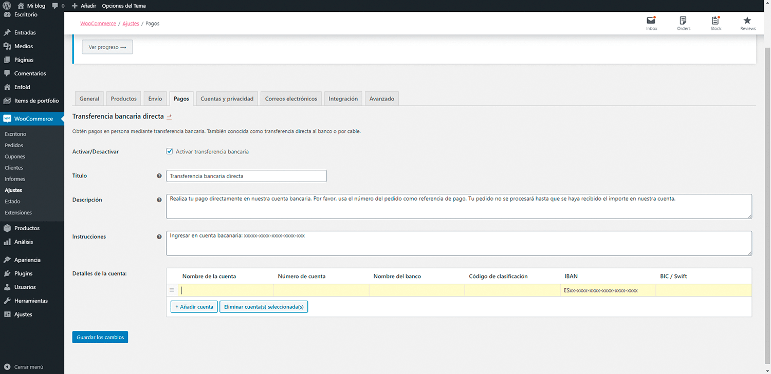 configuracion pasarela pago transferencia bancaria woocommerce